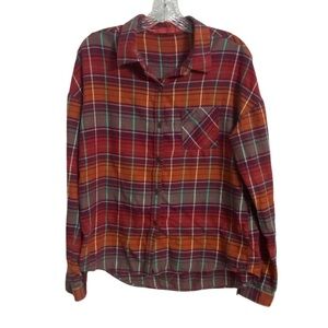 Prana Organic Cotton Plaid Button Up Shirt Flannel Red and Orange Woman’s Medium